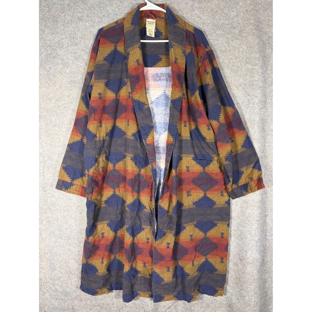 Scandia Woods Mens Southwestern Geometric Cotton Robe Blue Orange Aztec M/L
